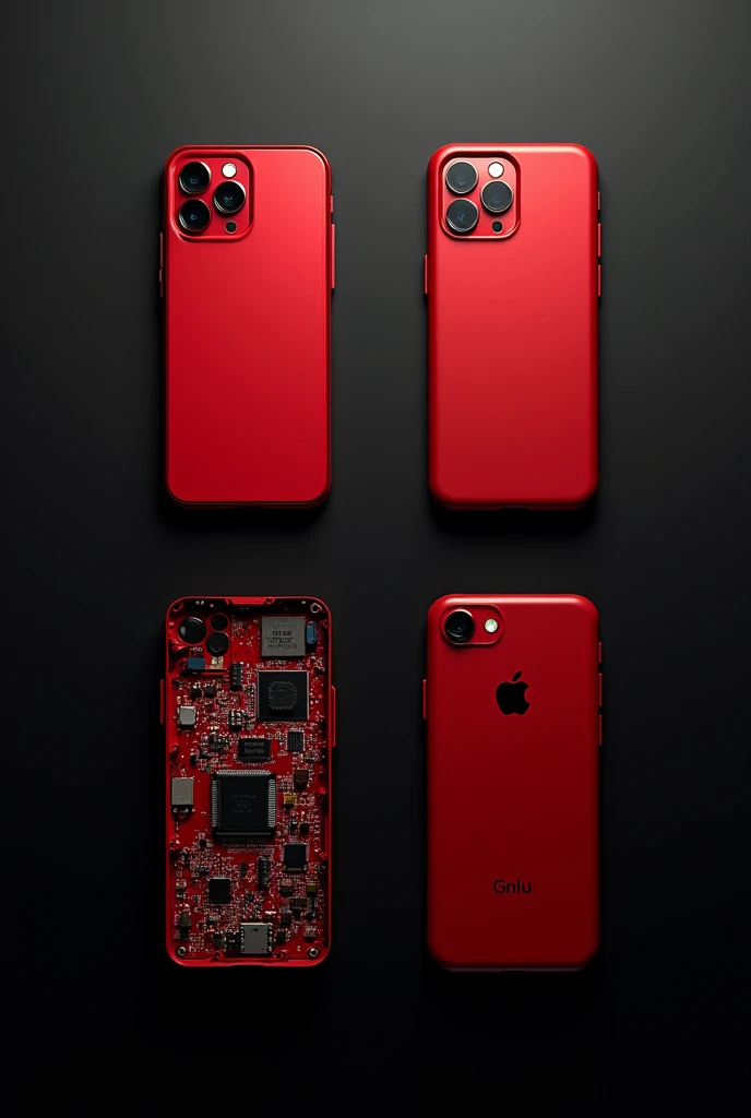 4 red cell phones disassembling on a black background 