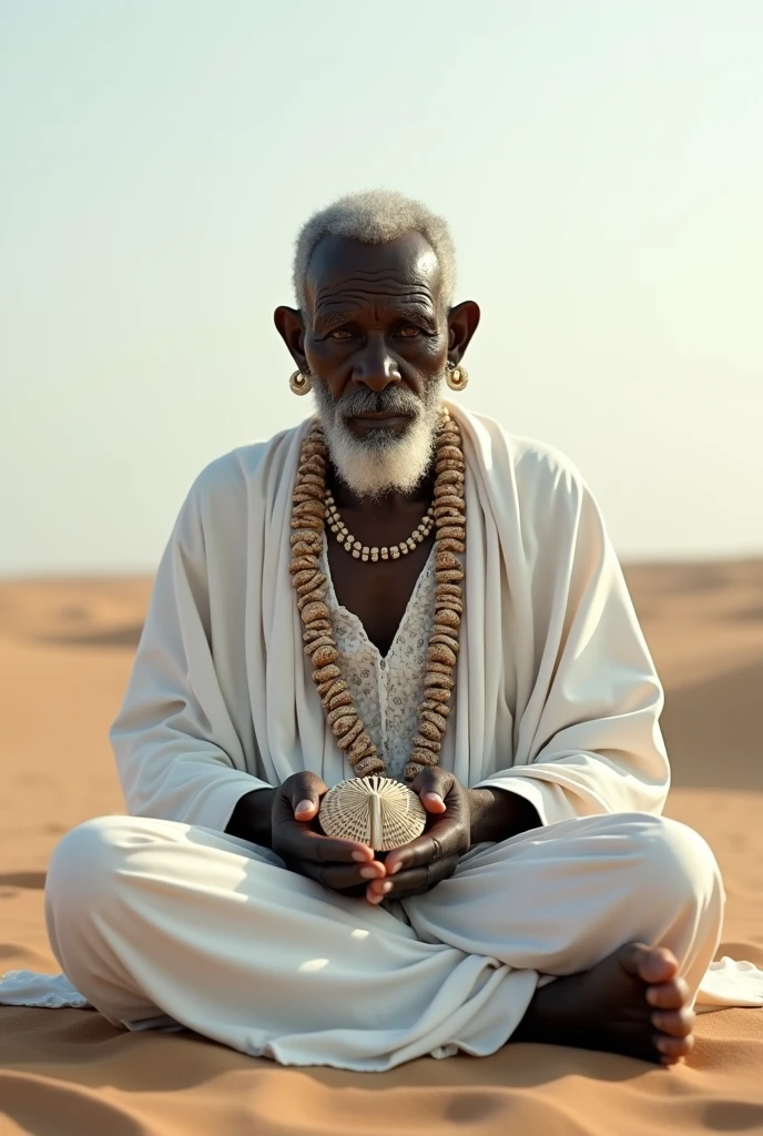 Orisha Black Man, elder, white clothes with cowries in their hands, sitting in the sand 