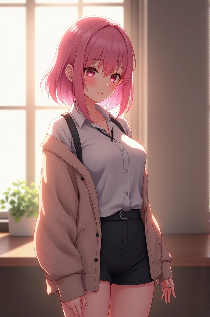 (RAW Photos, Highest quality), (Realistic, photo-Realistic:1.3), masterpiece, Very delicate and beautiful, Very detailed, CG, Unity , 2k wallpaper, wonderful, In detail, A light smile, Very detailed CG Unity 8k wallpaper, Large file size, Very detailed, High resolution, Absurd, Soft Light, (((Medium Hair:1.3), Short bangs, Pink Hair, Floating Hair NovaFrogStyle)), Beautiful detailed girl, Detailed fingers, Very detailed eyes and face, Beautifully detailed nose, Beautiful attention to detail, Long eyelashes, Light on the face, View your viewers, (Mouth closed:1.2), One girl, cute, young, Mature Face, (whole body:1.3), ((Small breasts)), Realistic face, Realistic body, Beautiful thigh details, (Urzan-6500-v1.1:0.8), suit, Cross-strap clothing, Collared shirt, Open clothes, At work, Detailed office, Open cardigan, Black knee socks, mini skirt, Black underwear, Unbuttoned shirt,Japanese