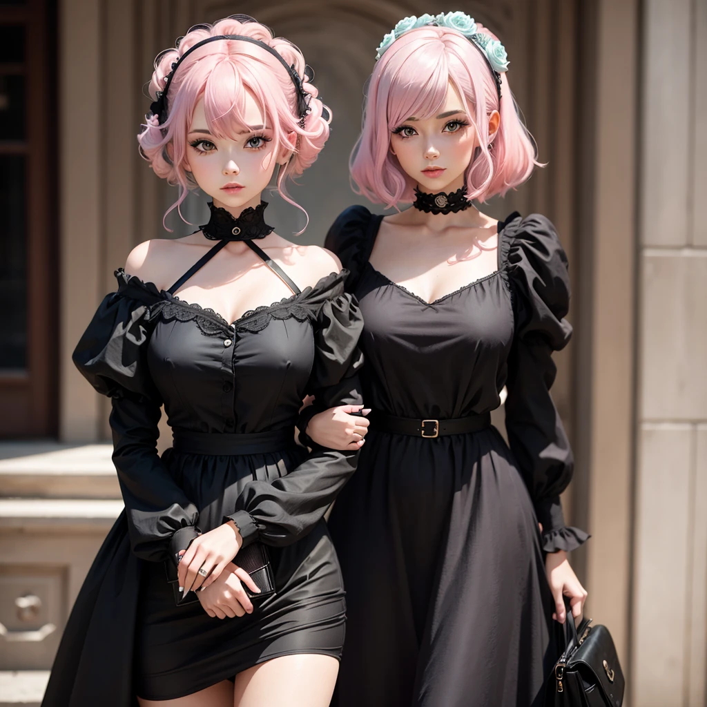 lady with pastel pink hair and black dress vintage