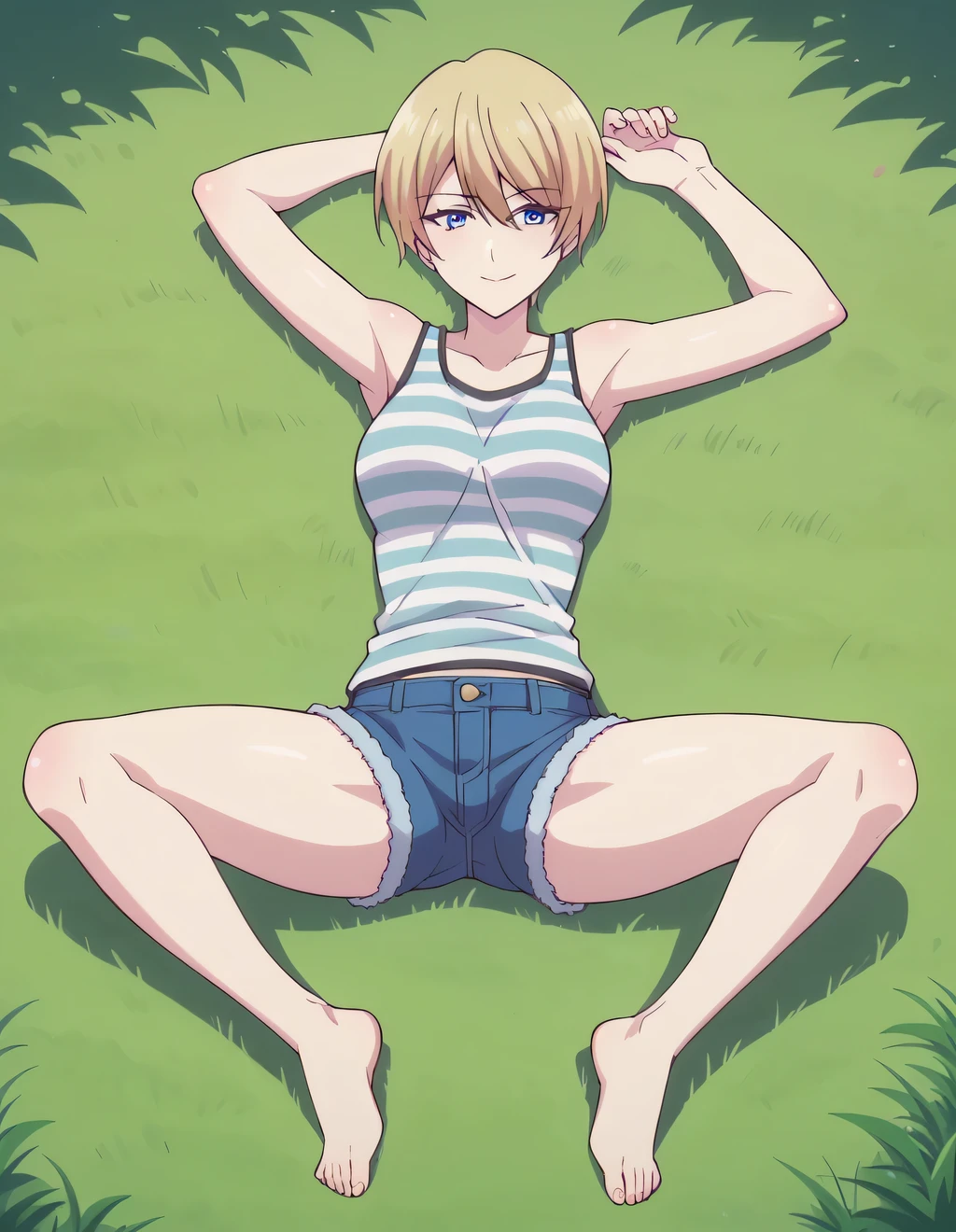 akane hououji, pixie cut, short hair, bangs, blue eyes, blonde hair, hblack_tank_top, striped_shirt, jean shorts, high quality, solo, lying, on back, arms up, spread arms, closed mouth, on grass, full body, looking at viewer, medium full shot, smile, spread legs, best quality,