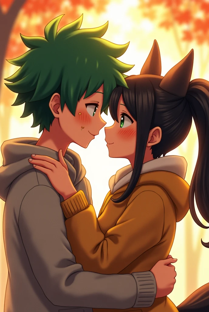 Izuku Midoriya, green fur, with four freckles on each cheek, green eyes, messy hair, stomach 1.66, besando and Momo Yaoyorozu, black fur, black eyes, hair in the shape of a pointed ponytail, with bangs covering part of his right eye.
And they are human s