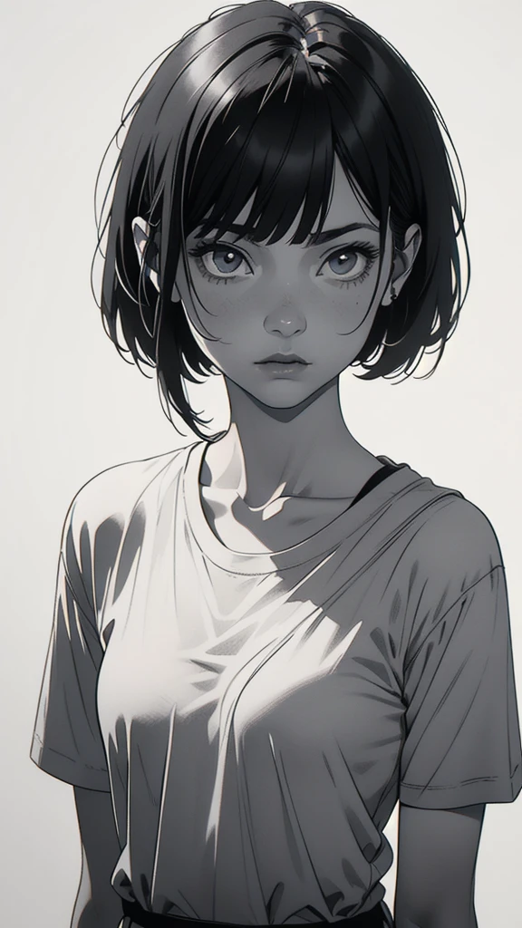 1 boyish girl, solo, sharp eyes, expressionless, monochrome, greyscale, short black hair, portrait, white T-shirt, closed mouth, looking at viewer, graphite \(medium\), detailed lips, hatching \(texture\), without makeup, bangs, upper body, (best illustration), (best quality), (very detailed), (masterpiece), expressionless,