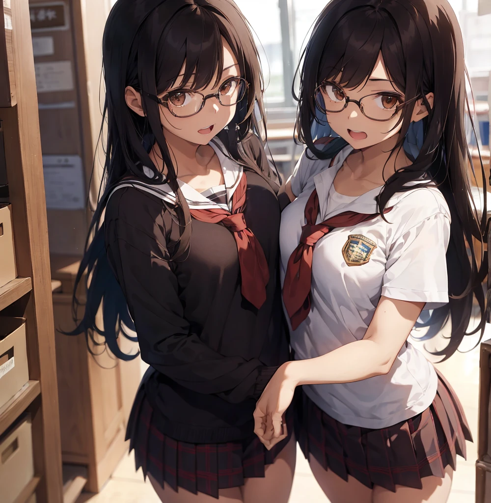 2 female, brown messed up long hair, brown eyes, teenage, chest, legs, school uniform, glasses, in school, hug, open mouth