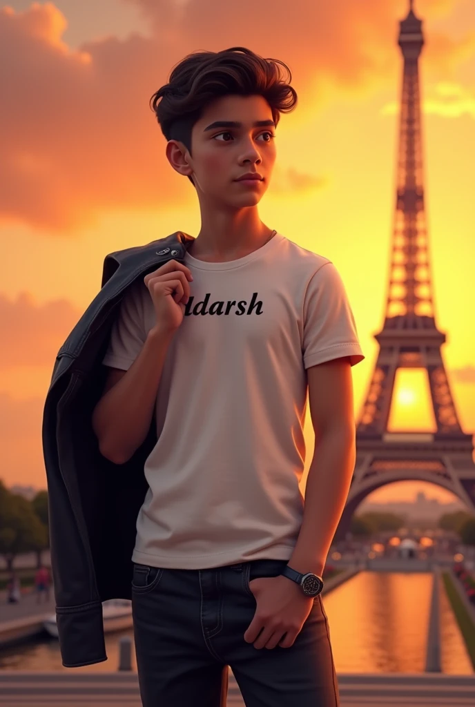 A smart boy wears a white tshirt with black jeans with background a orange sunset with Eiffel tower and taking in his hand a leather jacket in his shoulder and on the tshirt written Adarsh

