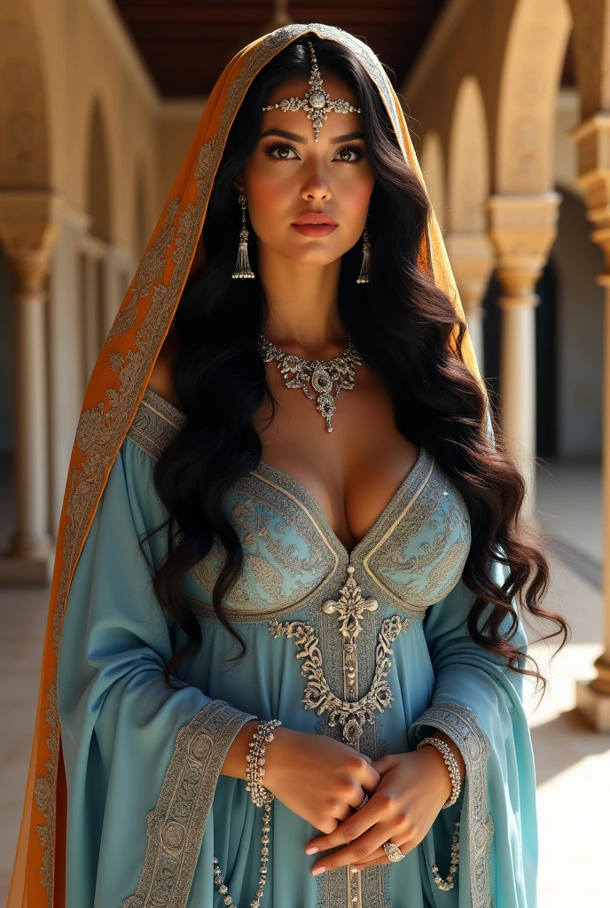 portrait of a plump woman inside the Alhambra with very very long black hair, crowned with a medieval Arabic headdress with an orange veil, pastel blue Arabic abaya with silver design embroidery, silver jewelry, Al-Andalus era, ethereal atmosphere.