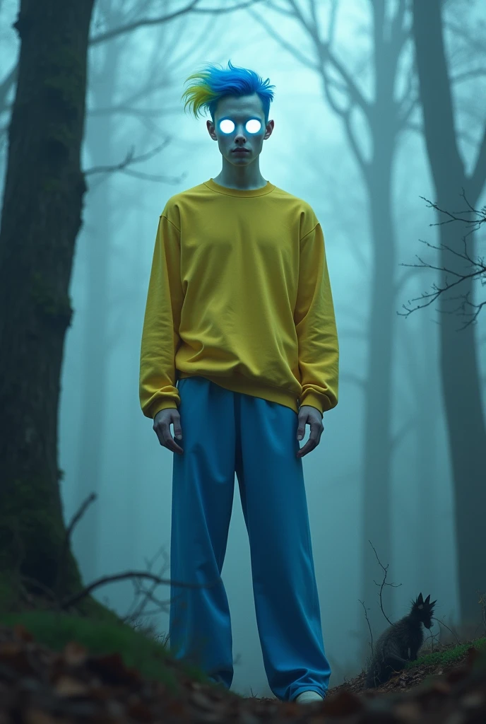 A man with bright white eyes,that he has blue pants and a yellow shirt,blue hair and a yellow streak,and that it is in a foggy forest and that the eyes are noticeable and the skin is almost white