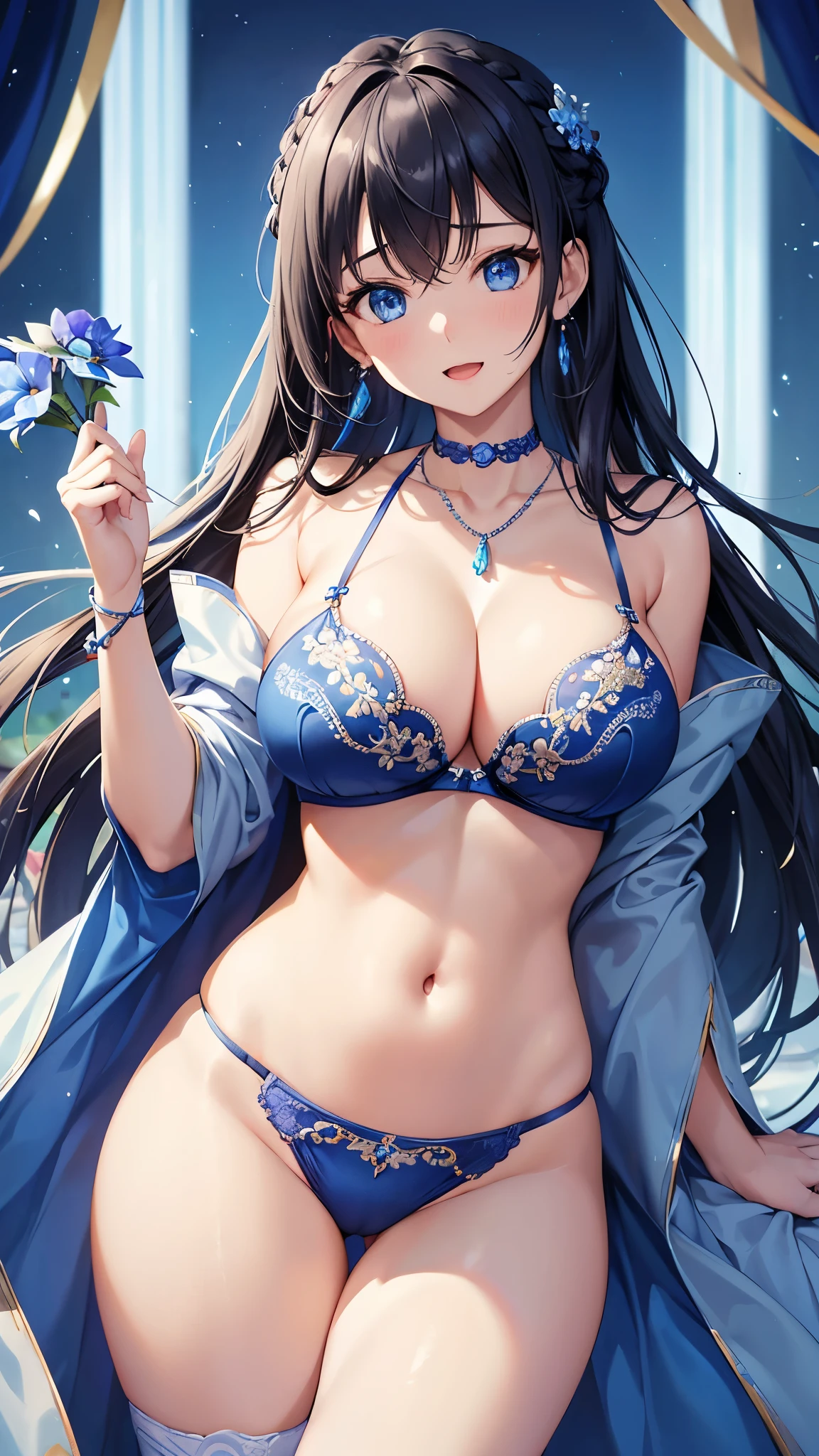 Highest quality、Highest quality、masterpiece、(8k resolution),beauty(Age 25)、(Mature Appearance)、Long Hair(Braiding of sides)、blue eyes、(Intricately embroidered underwear、bra)、Big cleavage、((Super big breasts))、Excited expression、blue necklace、Blue Earrings、background(flower)、Please open your mouth wide、Dynamic pose、Blue choker、