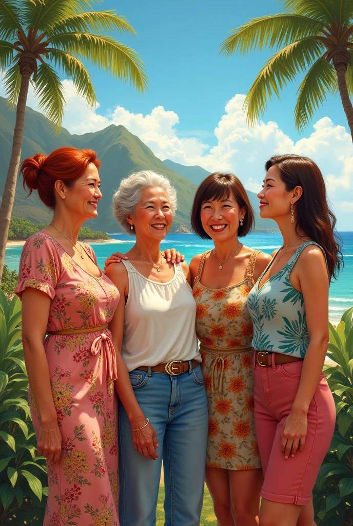 (the four tourists ), mature women (one a red head, the second elderly mother, the third Asian friend, and the 4th is a brunette daughter), posing in Hawaii, masterpiece, hyperdetailed painting, ((4girls))..