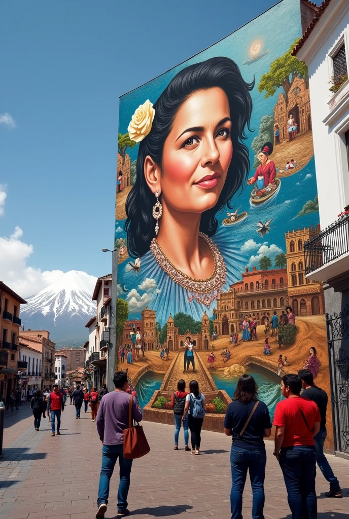 A mural in the city of Arequipa depicting Maria Nieves and Bustamante, with scenes from his life and legacy. Around it, Young people and adults look at the mural with respect and admiration