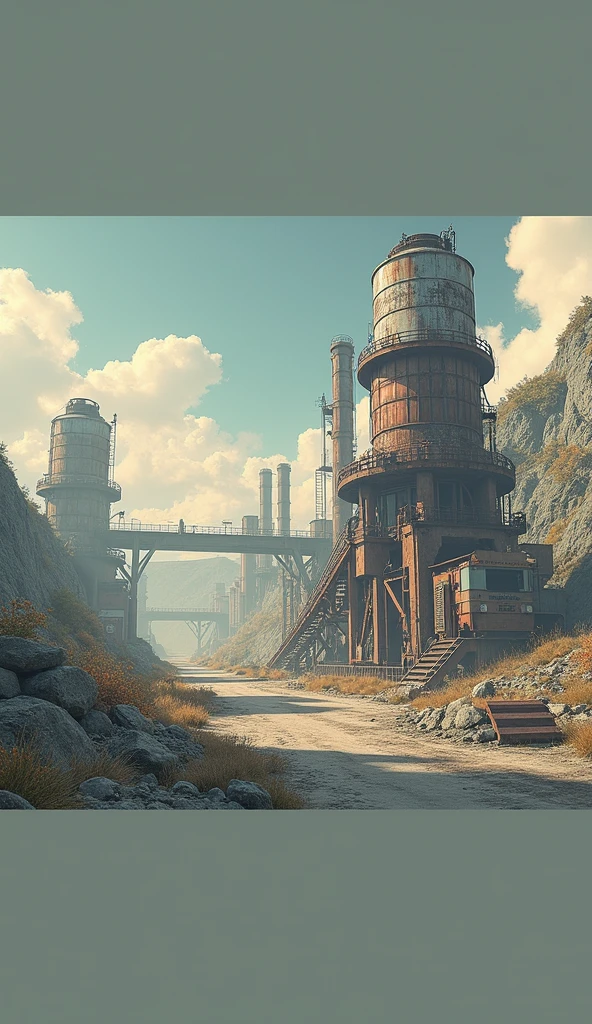 (Best Quality,4k,8k,High resolution, masterpiece:1.2),ultra detailed, sharp focus,(realist,photorealist,fotorrealista:1.37),extremely fine details, intricate details,vivid colors,intense colours,Deep contrast,cinematic depth of field,cinematographic composition,cinematic camera angle(Abandoned city photography, among rubble abandoned rusty:1.5, scenario centered on abandoned industrial machinery.), abandoned coal mine landscape, machine placed, (( 放置されたHeavy equipment, industrial waste)), quiet, , minimalist, industrial environment, Heavy equipment, spiderweb, dusty, Disturbing silence, crumbling walls, oxide, overgrown vegetation, Remnants of past activities, dark space, Broken window, colores quiets, mysterious atmosphere