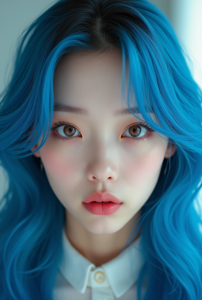 very realistic young korean woman, with long blue hair, plump, pink lips, glare eyes. 