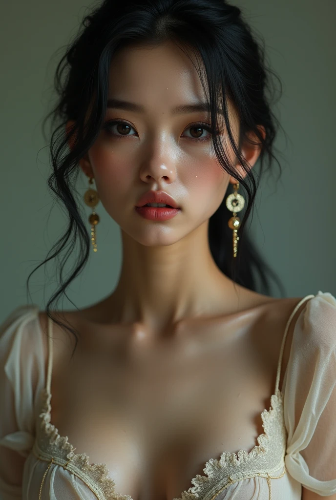 high resolution,4K,HDR,1 girl, photorealisitic, realisitic,sweaty skin, thin face,yangmi,heavy make-up, standing,(((halfbody))), medium breasts,耳环 ,