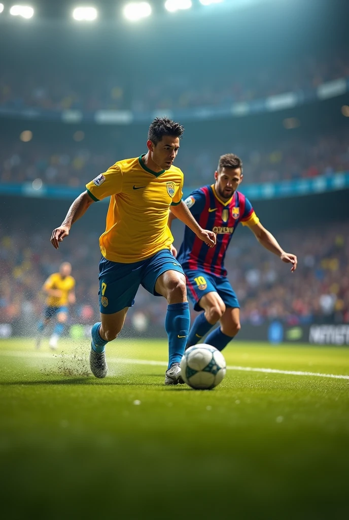 Ronaldo Nazario scoring a goal against Leo Messi