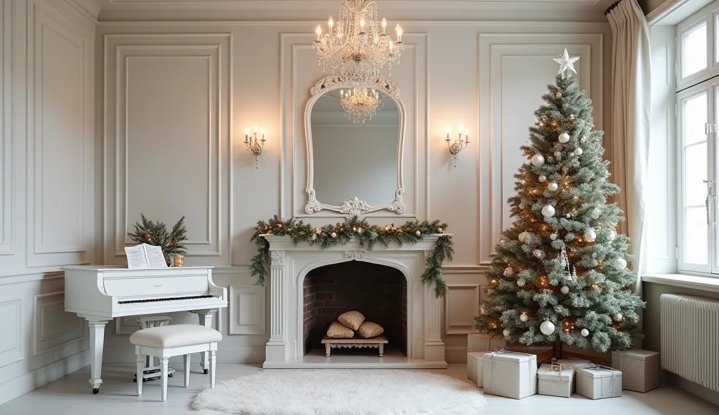 Provençal style photo backdrop decorated for Christmas with a beautiful chandelier, with beautiful main wall piano, fireplace, armchair, Christmas tree, side window, all white