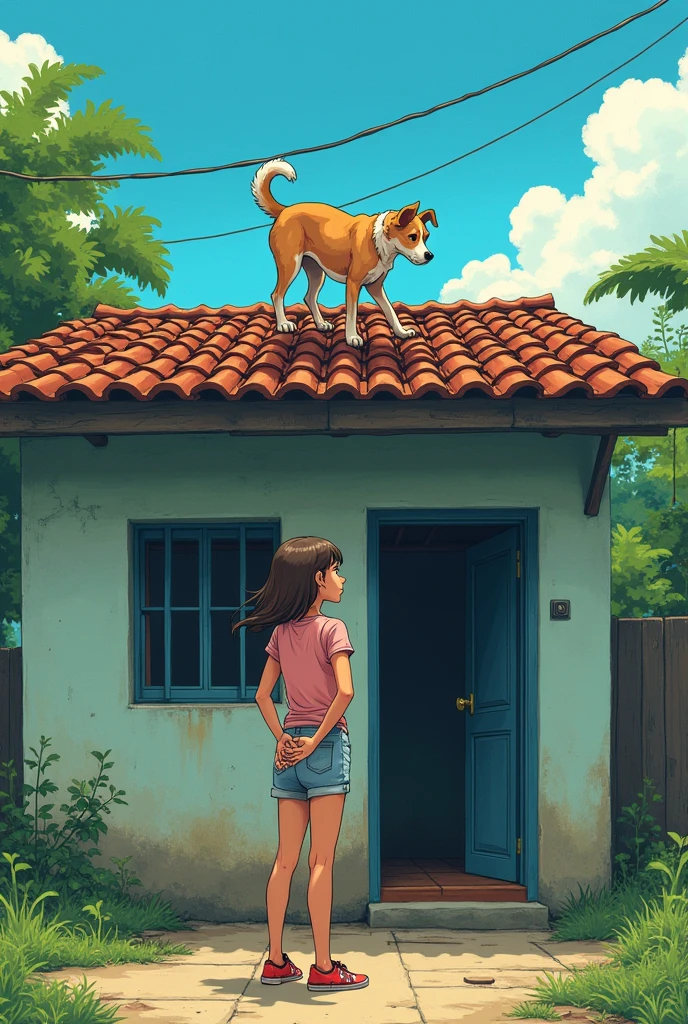 Woman looking at the roof of her house, a stray dog is on the high roof, trying to get down. Simple house in Brazil. manga style.