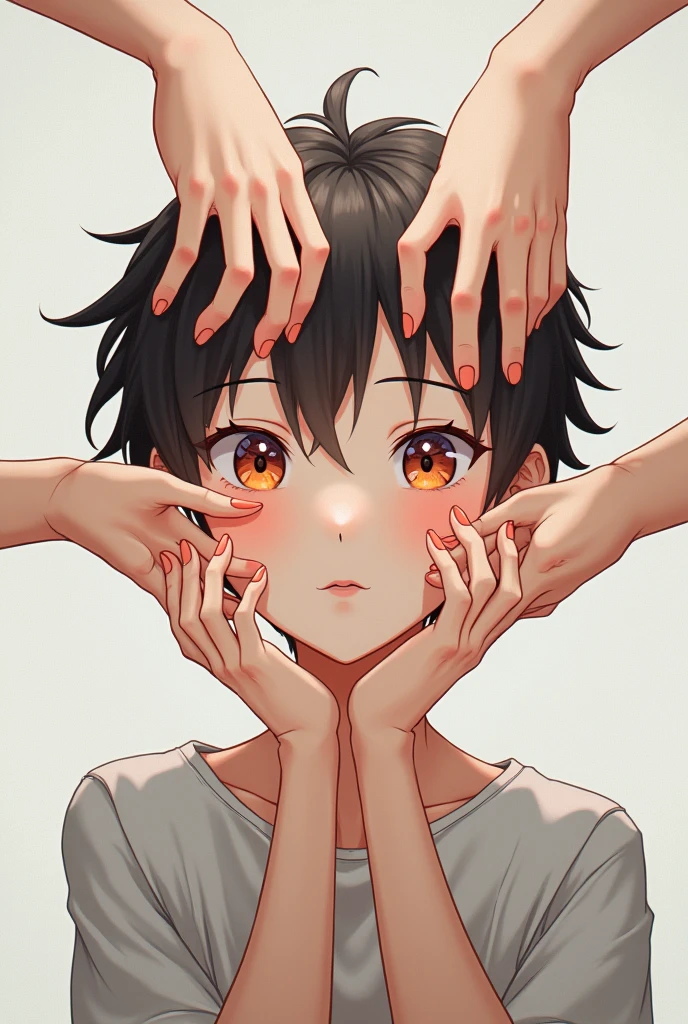 anime boy lokking at the camera with multiple hands in his face