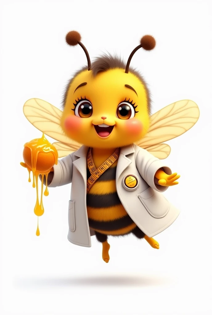 A nutritionist bee in a lab coat with a measuring tape around its neck cute realistic happy flying with its wings holding some dripping honey, imagem sem fundo