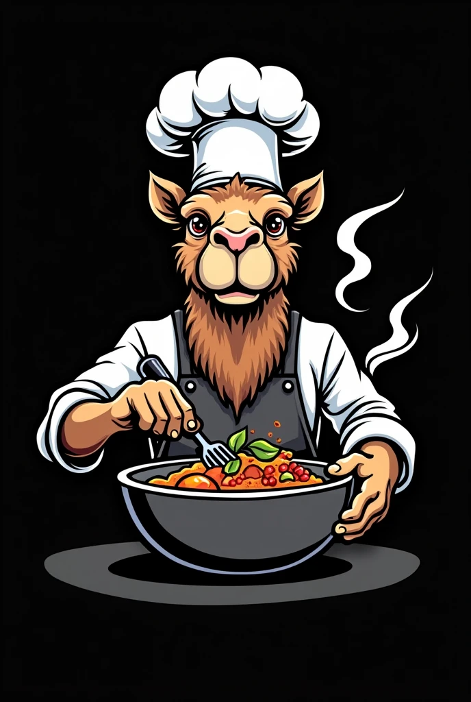 EYE-CATCHING CAMEL CHEFF LOGO WITH BLACK BACKGROUND PREPARING IN A BOWL