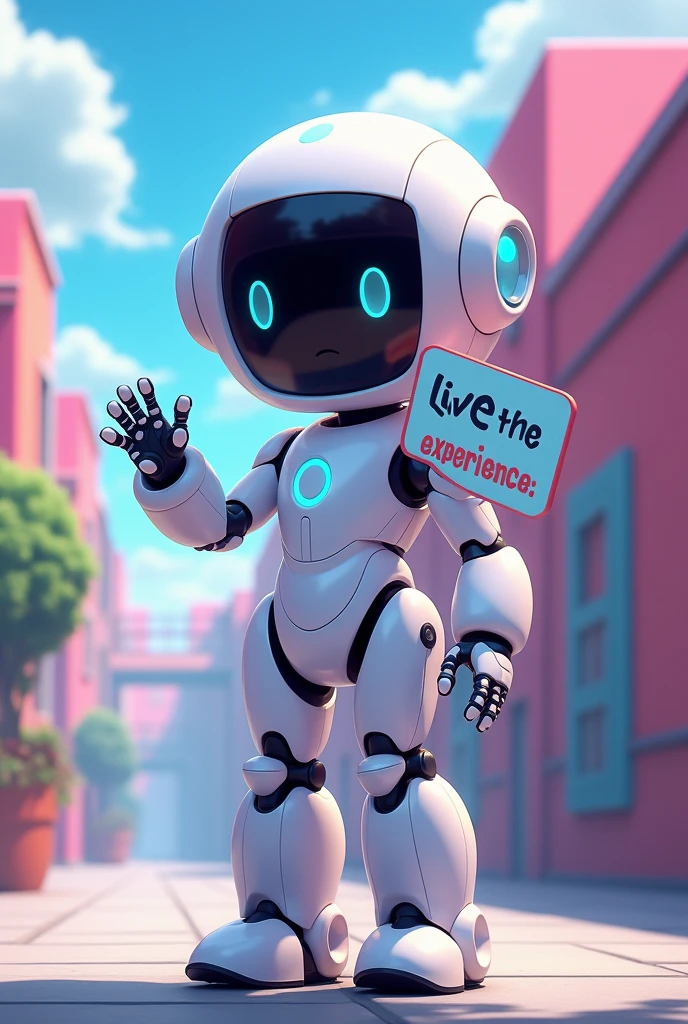 HELLO HELP ME CREATE A TALL, NICE, YOUNG, AND VERY FRIENDLY WHITE ROBOT FOR TEENAGERS BETWEEN 17-2, BUT MAKE IT MORE ANIME, LIKE A CARTOON, 
PERFECT NOW THAT SAME ROBOT MAKE IT WAVY WITH ITS HAND NOW WITH A SIGN THAT SAYS "LIVE THE UTEQ EXPERIENCE"
