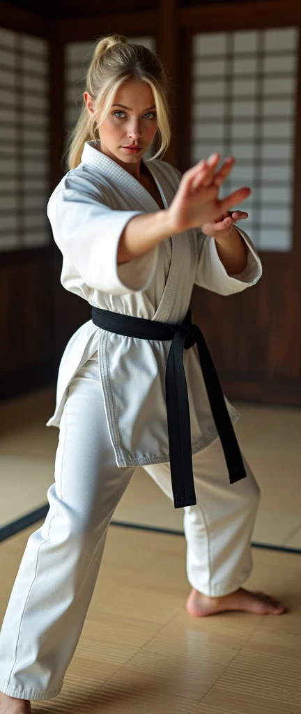 Karate pose, Dynamic pose, ((straight punch)), Front view , Full- body, beautiful Russian woman, 3, (blond hair, short pony tail , Gray eyes, Beautiful Lips,, serious), (middle Breasts, middle Hips) ,((Karate clothes, Karate underwear, Black obi)), (White underwear), At the Karate Dojo, Standing on tatami mat, Textured skin ((Surrealism, Fujicolor, Fujifilm, UHD, retina, masterpiece, accurate, anatomically correct, textured skin, super detail, high details, high quality, best quality, 8k))