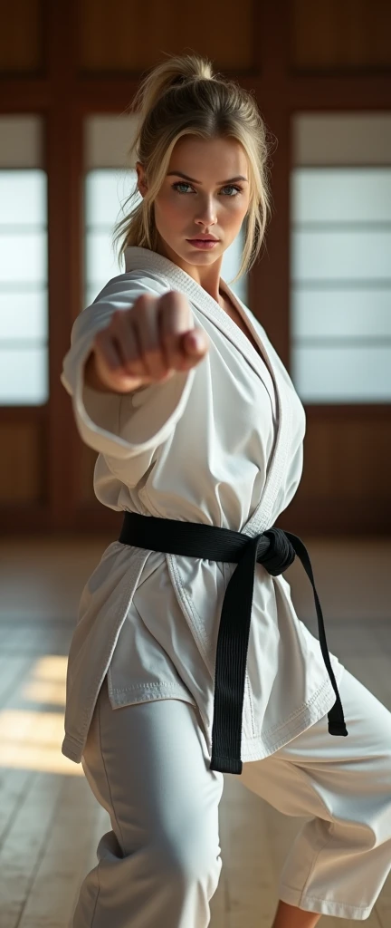 Karate pose, Dynamic pose, ((straight punch)), Front view , Full- body, beautiful Russian woman, 3, (blond hair, short pony tail , Gray eyes, Beautiful Lips,, serious), (middle Breasts, middle Hips) ,((Karate clothes, Karate underwear, Black obi)), (White underwear), At the Karate Dojo, Standing on tatami mat, Textured skin ((Surrealism, Fujicolor, Fujifilm, UHD, retina, masterpiece, accurate, anatomically correct, textured skin, super detail, high details, high quality, best quality, 8k))