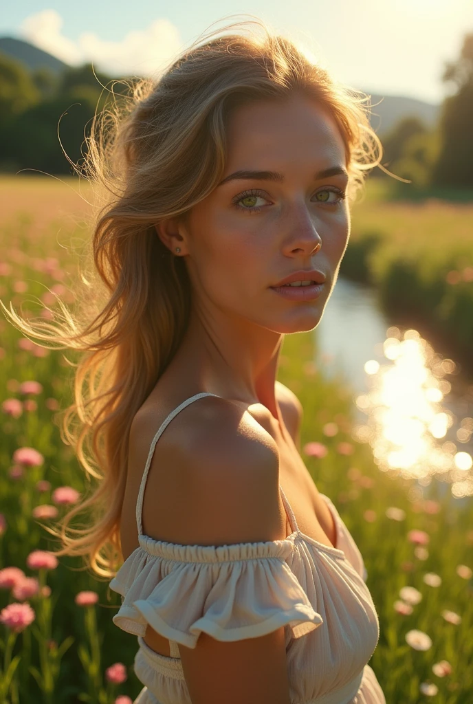 Portrait of a lovely woman in a bright windy field, river, (Backlight), Practical, masterpiece, best quality, lens flare, In the shade, bloom, [[Chromatic Aberration]], author：Jeremy Lipking, author Antonio J. Manzanedo, number, Style-GlassFinal, Natural skin texture