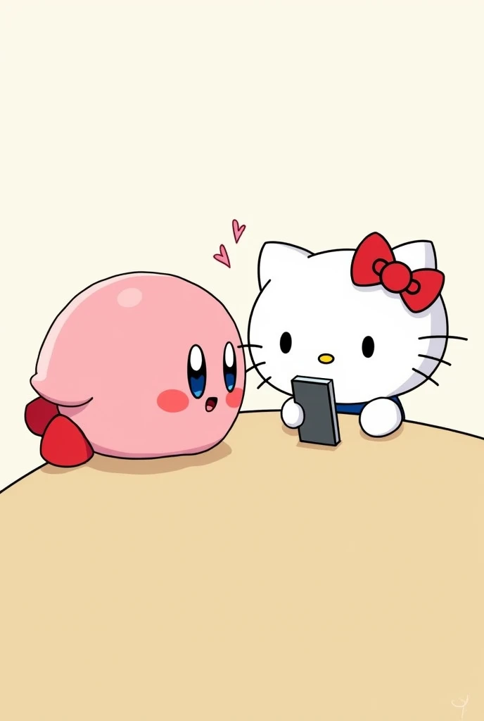 Kirby taliking with hellokitty with his phone on a table