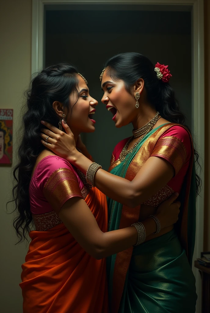 Two Woman showing thier deep neck saree blouse back standing in bedroom with jealousy and hatred. They try to choke each other