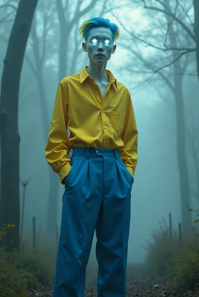 A man with bright white eyes,that he has blue pants and a yellow shirt,blue hair and a yellow streak,and that it is in a foggy forest and that the eyes are noticeable and the skin is almost white