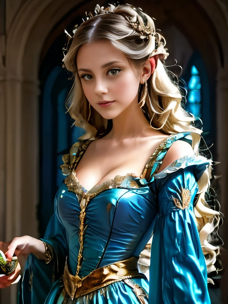 a woman in a blue dress holding a glass ball, medieval princess, beautiful costume, very beautiful elven top model, pre - raphaelites style, medieval dress. witch, fantasy style clothing, intricate costume design, as a medieval fantasy character, beautiful elven princess, inspired by Arthur Hughes, renaissance colorful dress, costume with blue accents, beautiful detail and color