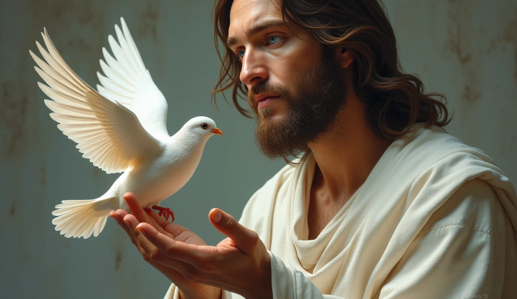 create an image of blue eyed jesus looking at a dove in his hand from the side