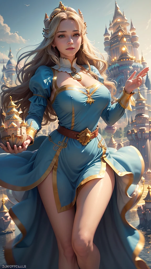 (photo realistic:1.35), masterpiece, best quality, CG, wallpaper, HDR, high quality, high-definition, extremely detailed,
1girl, (full body shot),
((body is horizontal)),
((fly through the sky with my hands outstretched)),
(hair is fluttering:1.25), (clothes are fluttering:1.25),
perfect female anatomy, two legs, two feet, two arms,
break
brown hair, blue eyes,
(highly detailed Caucasian skin:1.2),
(Rounded large breasts),
kind smile,
(Slim body, Thin waist, Big hips),
break
(retro artstyle),
(Serene and goddess-like),
(glowing lightly gold),
long sleeves, dress, juliet sleeves,
puffy sleeves, belt, hairband,
break
((Floating Castle:1.45))
(see a castle in the sky in the distance),
horizon,
well sunlit