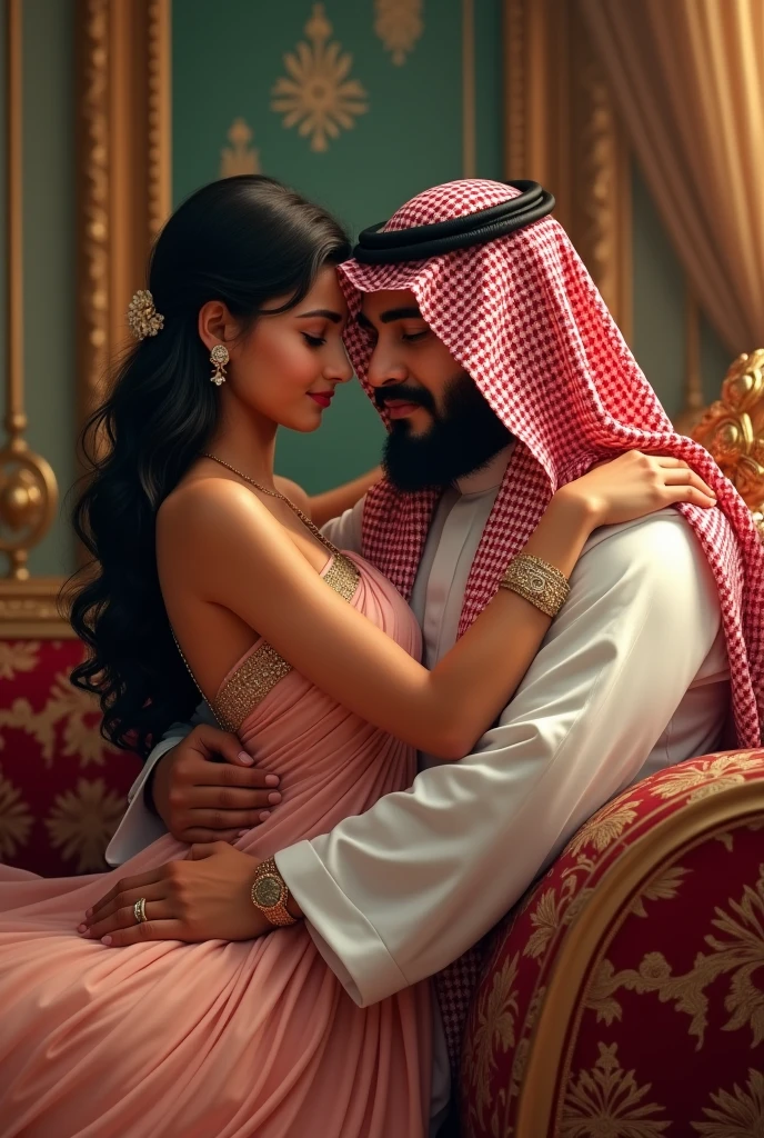 Create a beautiful indian girl called Saranya kissing Mohammed bin Salman whose chubby, fat and cute. He is the prince of Saudi Arabia.