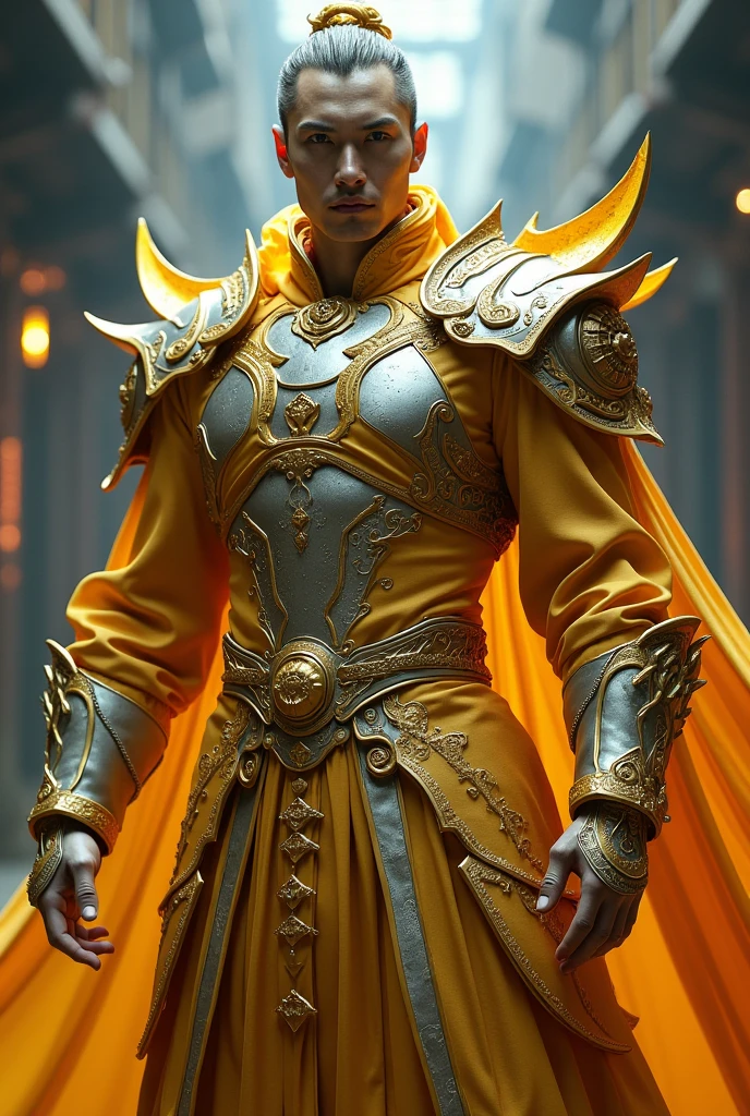 Alien technology martial arts costumes, fashion photography,Gold and silver clothing , 灯bright亮，bright，Photorealistic，Create tension、chilling atmosphere。The viewing angle is from below，Emphasizes the absolute majesty and power of the male giant。,Inspired by Chinese Xianxia and Cyberpunk。(best quality,4K,8K,high resolution,masterpiece:1.2), (Practical,Reality,Photo-real:1.37). information,