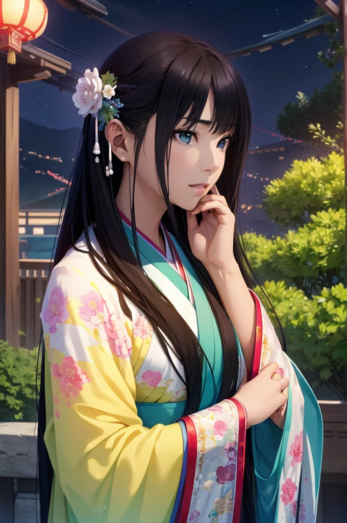 Starry sky landscape、shooting star、 (Highest quality,4K,8k,High resolution,masterpiece:1.2), Very detailed, (Realistic,Realistic,Realistic:1.3), High resolution, Hyper HD, Studio Lighting, Ultra-fine painting, Sharp focus, Physically Based Rendering, Very detailed説明, Professional, Vibrant colors, Bokeh, Sports Late Night, Traditional Chinese Painting Techniques, Atmospheric lighting, Vivid color contrast, Ethereal atmosphere,Very detailed目と顔, Beautiful attention to detail, Light on the face,Hanfu 、(Hanfu: 1.1)、、(Green Eyes: 1.1)、Eyes are green、Slim figure、Small breasts、Sexy pose