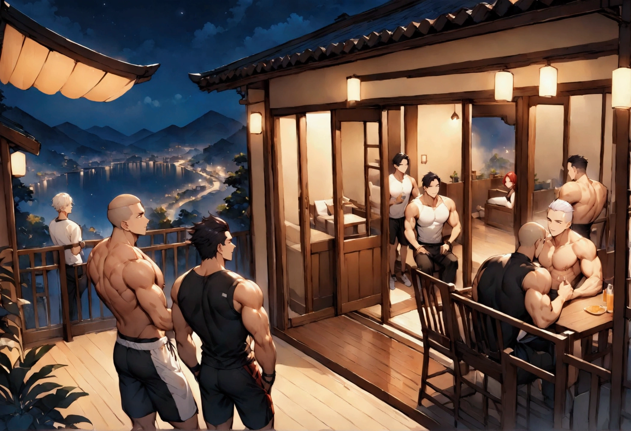 Highest quality、(muscular male:1.3)、(father:0.7)、nipple piercing、4boys、Short Hair、Sports haircut、short hair、Shaved head、Black Hair、Red Hair、Blonde、White Hair、Drinking on the balcony at night、A happy atmosphere、wide view