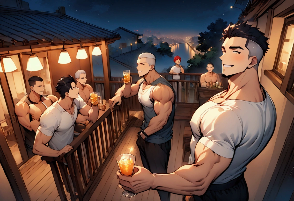 Highest quality、(muscular male:1.3)、(father:0.7)、nipple piercing、4boys、Short Hair、Sports haircut、short hair、Shaved head、Black Hair、Red Hair、Blonde、White Hair、Drinking on the balcony at night、A happy atmosphere、wide view