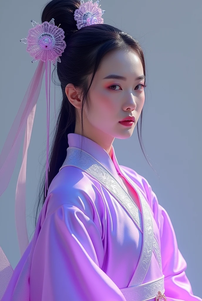 (Full Body), A luminous Chinese beauty (Dilraba Dilmurat) from ancient dynasties (221 BCE - 220 CE) stands majestically against a neutral background, her vibrant white-purple twotone Wuxia attire radiating an otherworldly aura. David Lachapelle's lens captures the frozen moment of her polished body, Si-fi graphics luminescent attire, and captivating gaze meeting the camera with unflinching intensity. reflected light liquid metal fabric attire, 8K resolution reveals razor-sharp features, high-contrast details, and Traditional Chinese hairstyles, while a subtle sheen on her lips hints at the application of Traditional lipstick, spiritual cosmic to realistic, reflected light Glass hair pin 