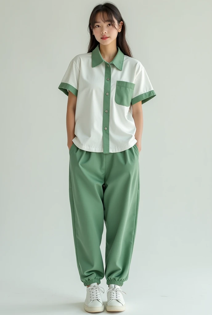 A comfortable, fluid-proof set for environmental engineering students that works for any occasion and has colors between white and light green., Wherever there is a style that does not have a collar, it has a closure, the sleeves are short and a sweatshirt-type pants 
