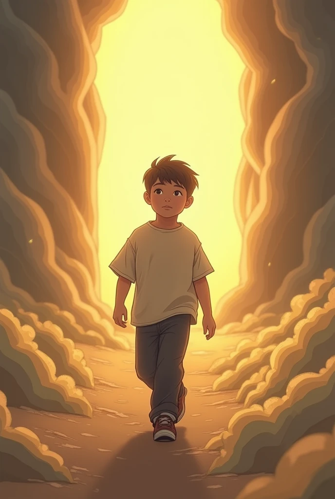 Create an image: Don Bosco walking towards a bright place as in a dream at the age of 9 for a comic