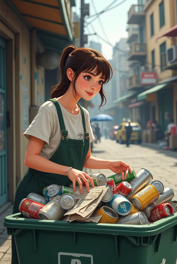 twenty years old girl collecting trash in a container