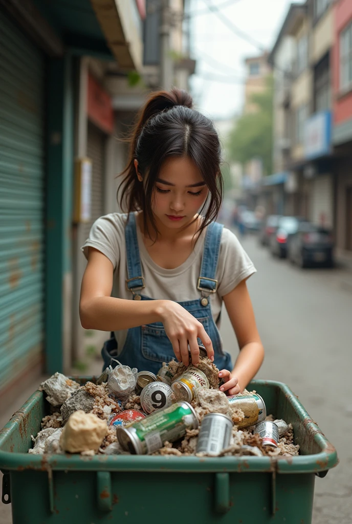 twenty years old girl collecting trash in a container