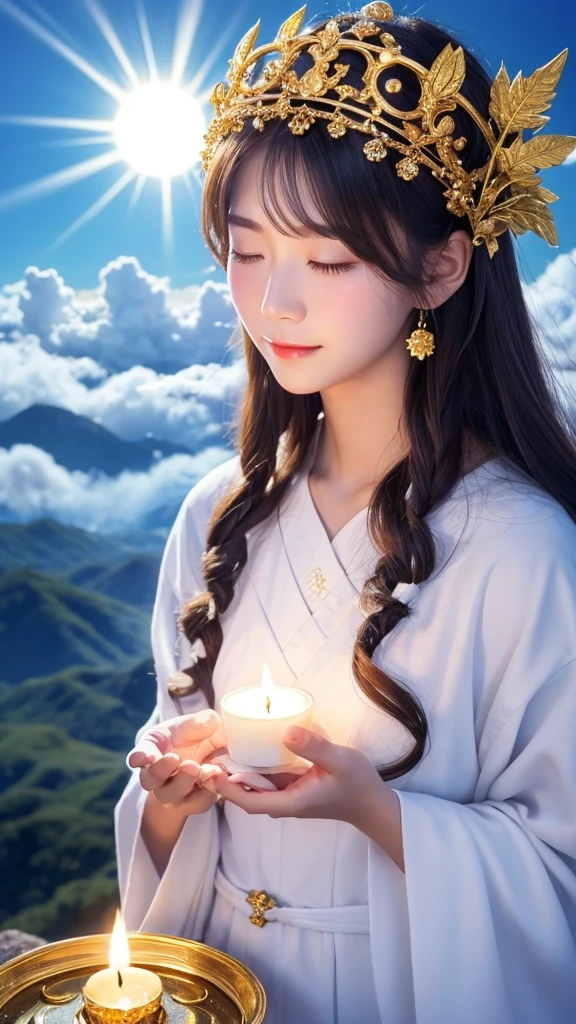 goddess　Money　nice　Crown、Gorgeous angel、Above the Clouds、sun、In front of him, holding a candle in his hand