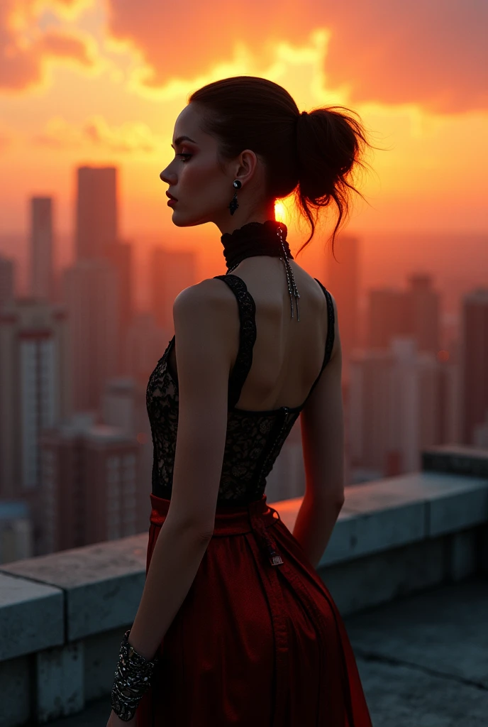 Beautiful woman with oversive style , standing with her back to the sunset on a rooftop in the city