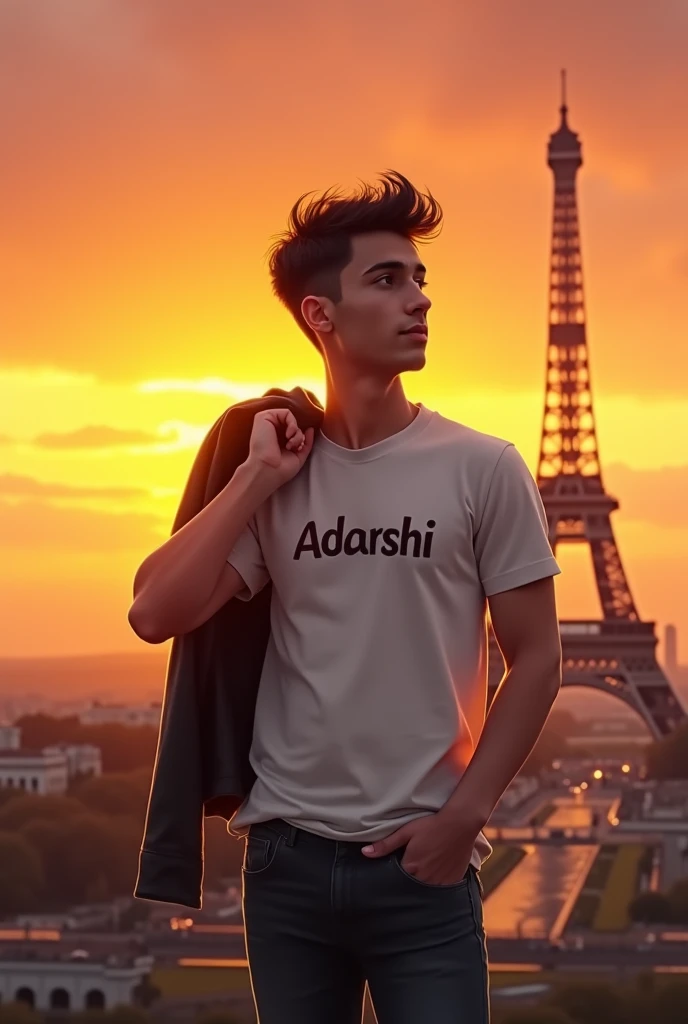 A cute boy wears a white tshirt with black jeans with background a orange sunset with Eiffel tower and taking in his hand a leather jacket in his shoulder and on the tshirt written Adarsh
