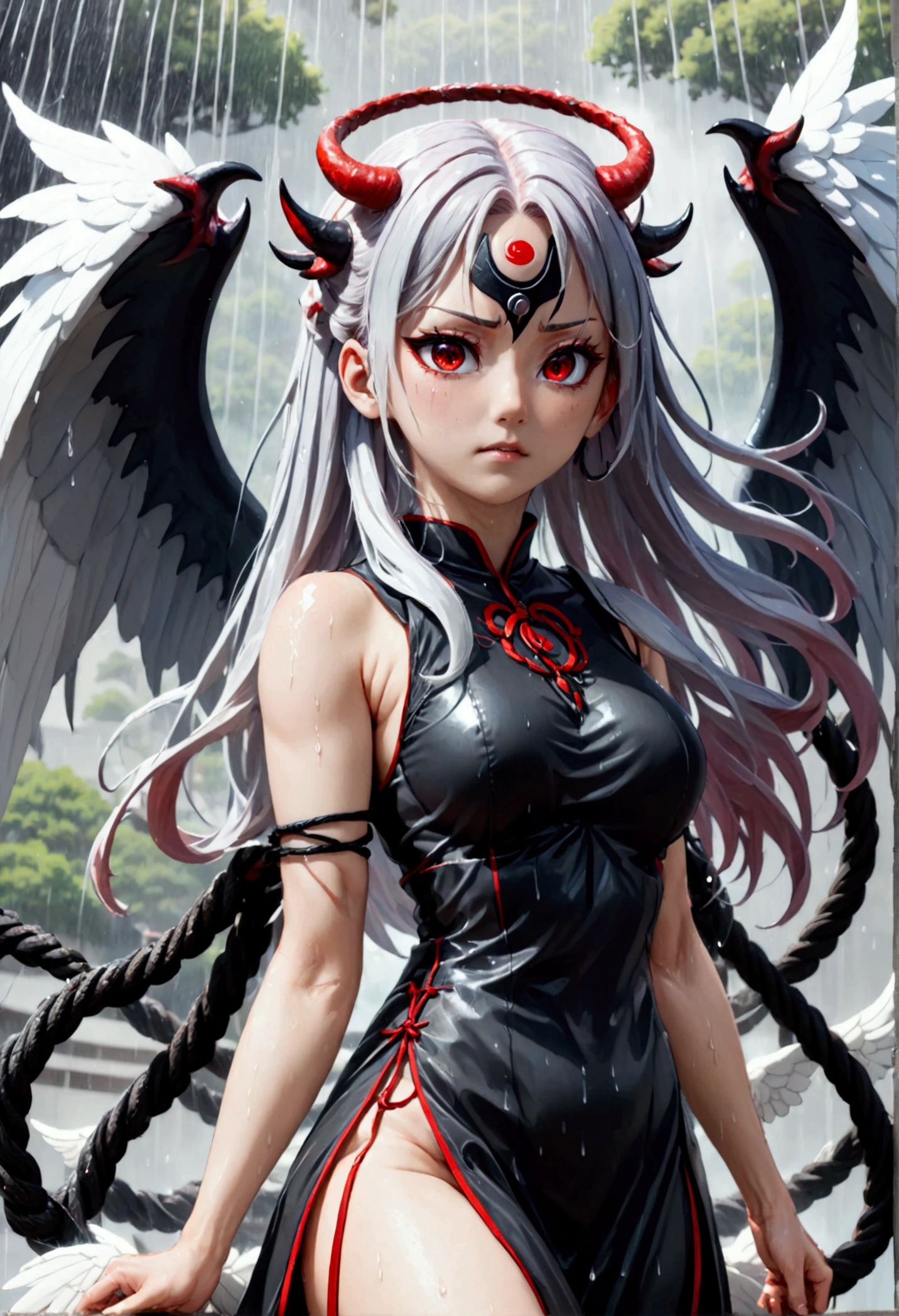(8k, Highest quality, Manga style, View your viewers, Intricate details:1.3),(One woman, Naruto's Rope, ２Demon horns in the book, Multicolored Hair, Long Hair, Red eyes, Gray Hair), (Six alternating white angel wings and black devil wings:1.3), (China dress, See-through, Sweating, Full body portrait, Being hit by rain, Soaking wet)