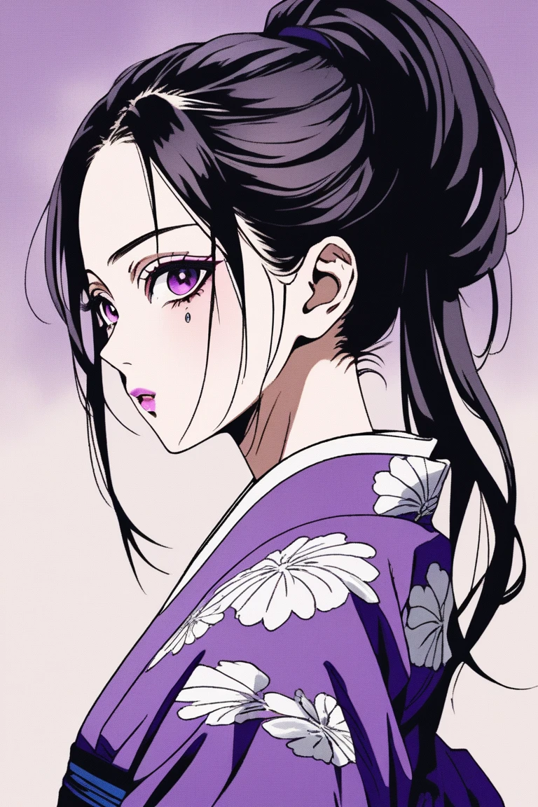 (Highest quality, sketch:1.2),Realistic,Illustrator,anime,1 girl, Detailed lips,Purple sleeveless kimono、Kuroko next to the eye、Black hair ponytail、Beauty、Gradient Background