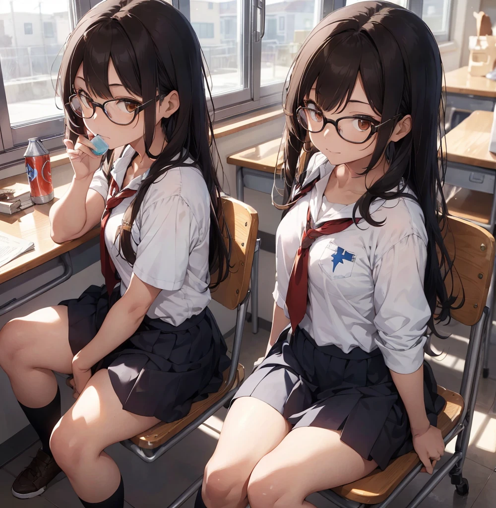 2 female, brown messed up long hair, brown eyes, teenage, chest, legs, school uniform, glasses, in school, drinking, can of soda, sit