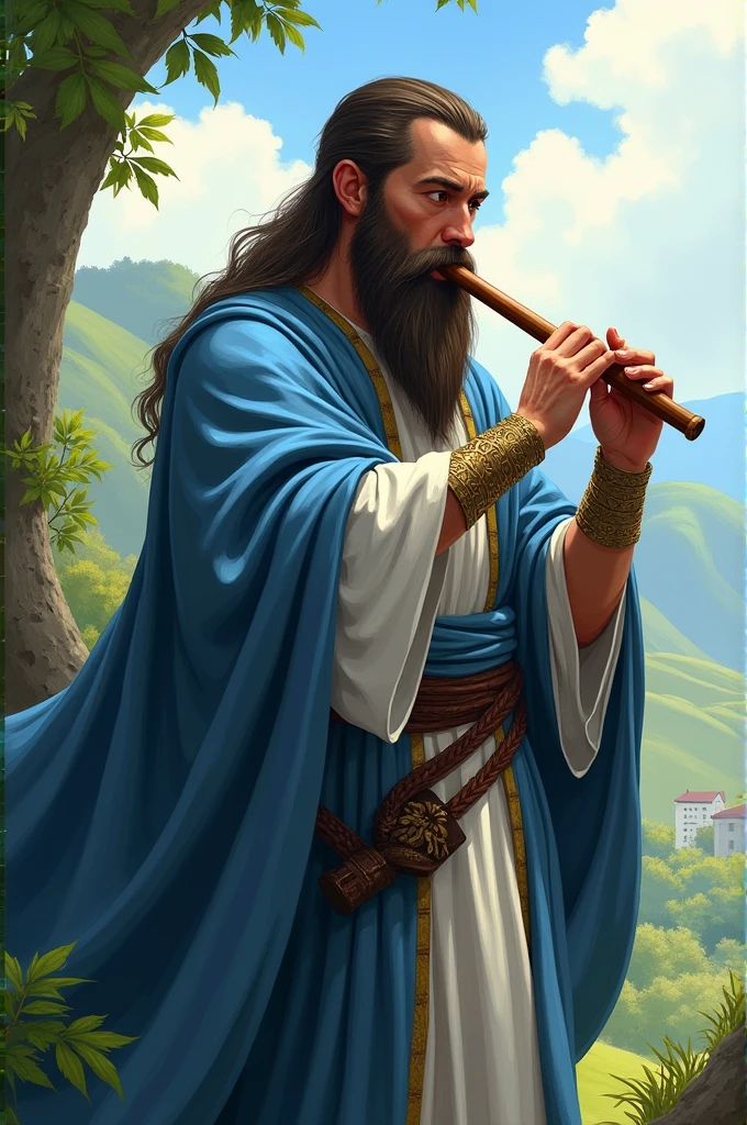 A bard playing the flute with a long beard and short hair and blue and white robes
